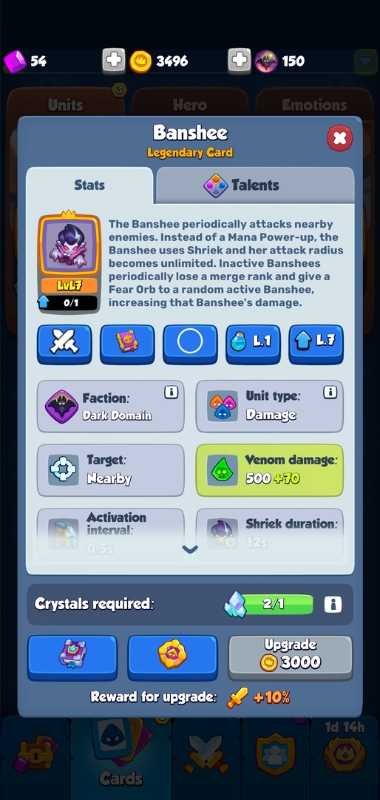 An image showing the card overview of the Banshee in Rush Royale