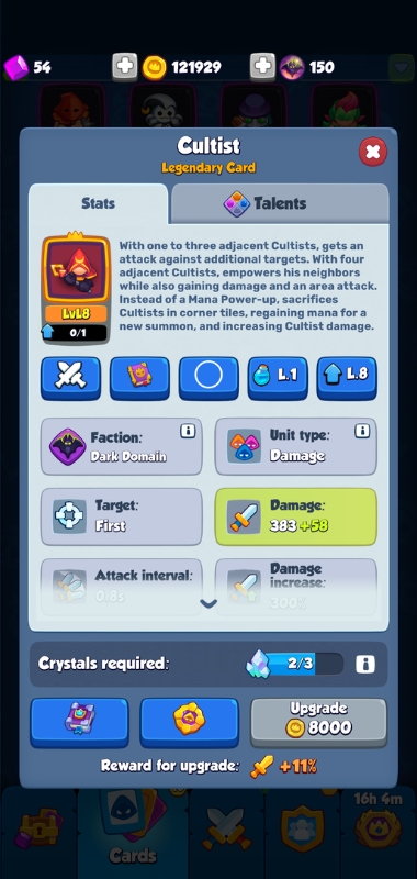 An image showing the card overview of the Cultist in Rush Royale