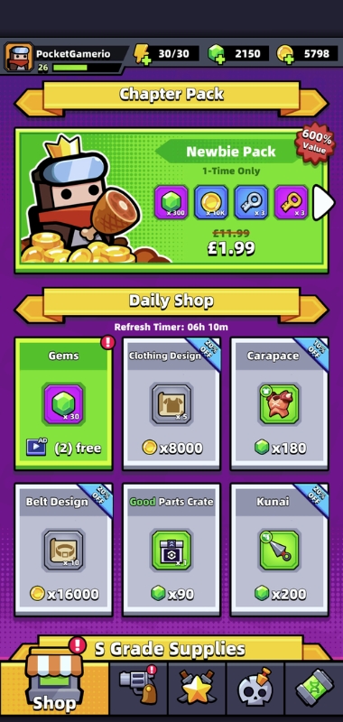 An image showing where gems can be rewarded in the shop of Survivor.io