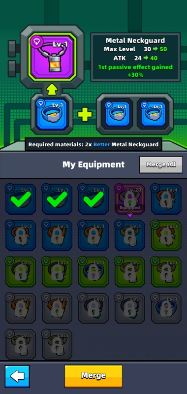 An image showing what equipment is needed to merge a piece of equipment from better to excellent