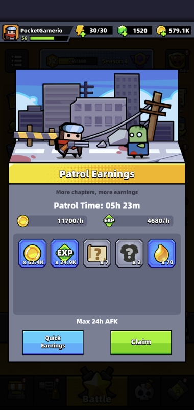 An image showing the main screen for Patrol earnings in Survivor.io