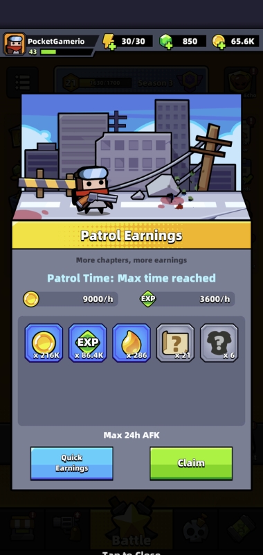 An image showing patrol earnings AFK in Survivor.io