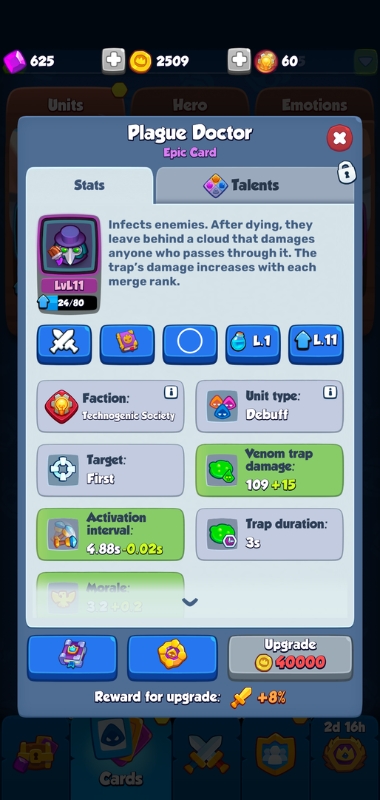 An image showing the card overview of the Plague Doctor in Rush Royale