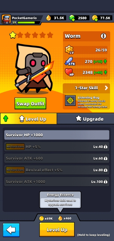 An image showing the screen to level up your character in Survivor.io