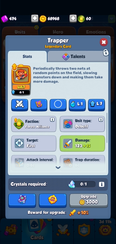 An image showing the card overview of the Trapper in Rush Royale