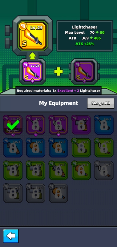 An image showing what equipment is needed to merge a piece of equipment from excellent +2 to epic