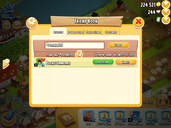 An image showing the page where you add a friend on Hay Day