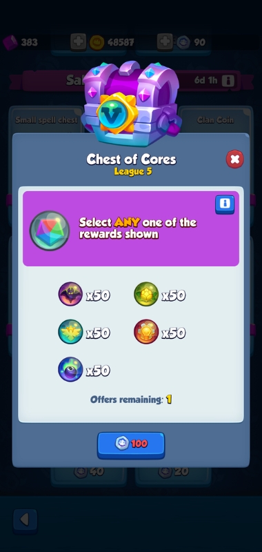 An image showing the chest of cores in the Rush Royale clan shop