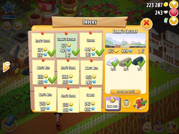 An image showing a screen with truck orders that can be completed on Hay Day