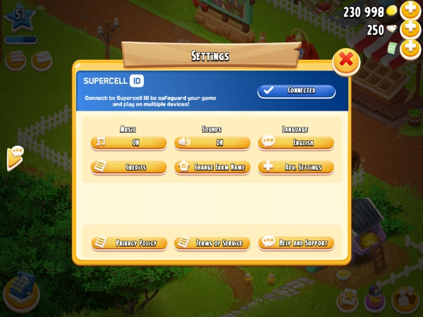 An image showing the screen where you connect your Supercell ID on Hay Day