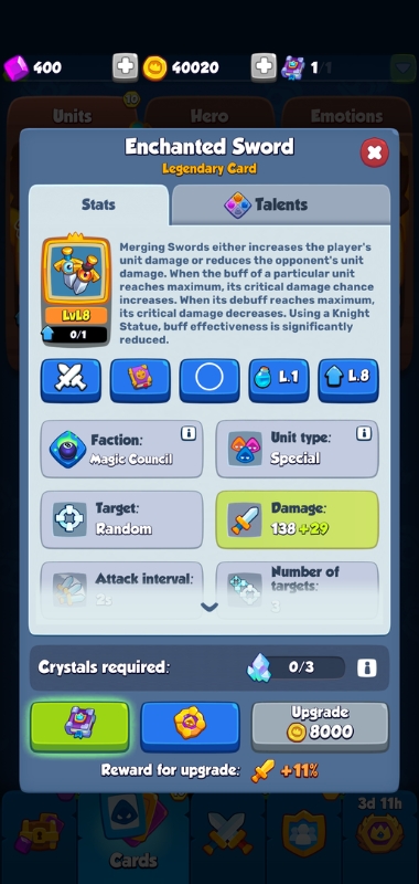 An image showing the Enchanted Sword card overview in Rush Royale