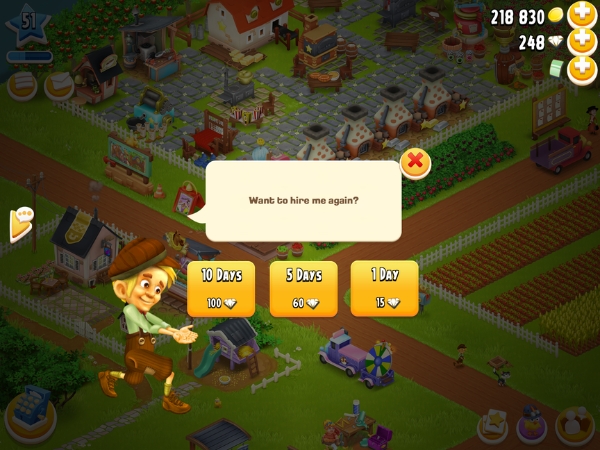 An image showing the screen to hire Tom on Hay Day