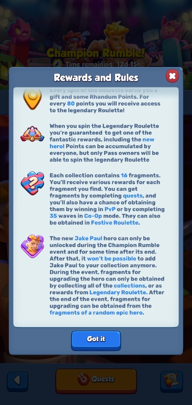 An image showing the rules and rewards for the champion rumble in Rush Royale