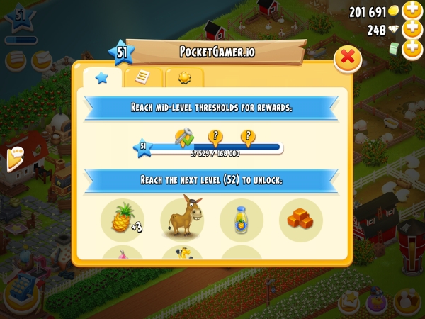 An image showing level threshold rewards on Hay Day