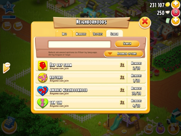 An image showing the neighborhood search function on Hay Day