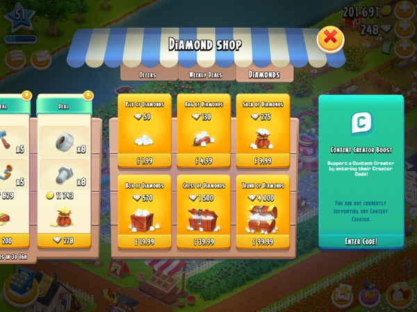 An image showing where to purchase diamonds in the shop on Hay Day