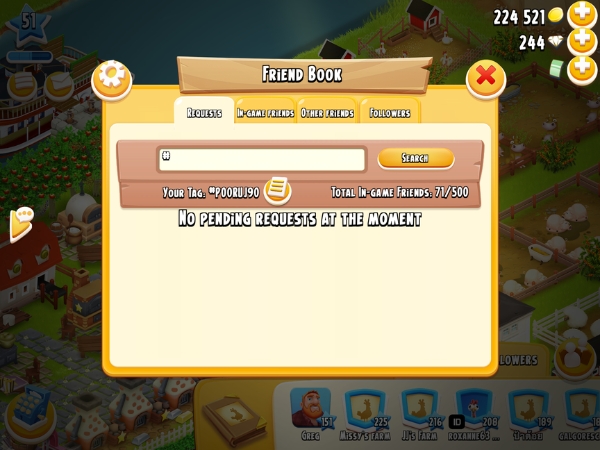 An image showing where to search for a friend on Hay Day