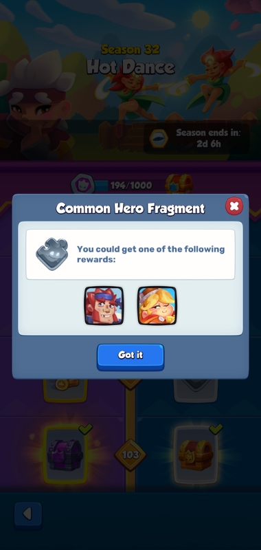 An image showing Common Hero fragment rewards in Rush Royale