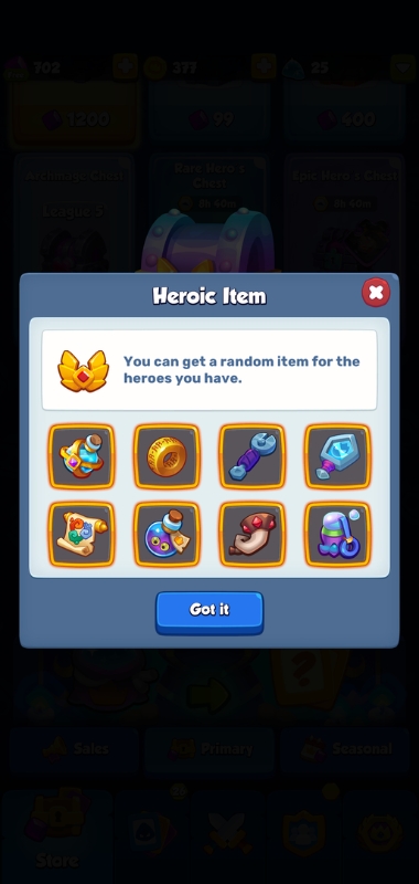 An image showing all of the different Heroic Items in Rush Royale