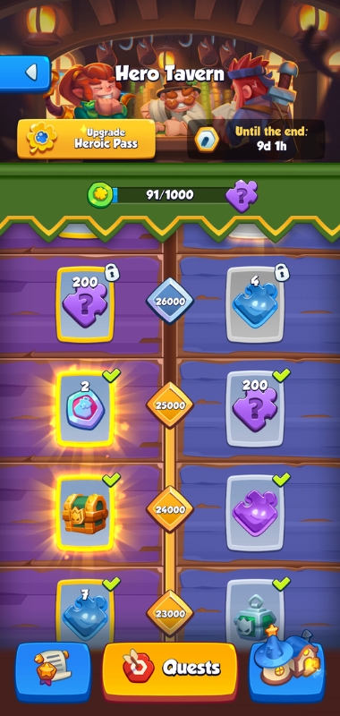 An image showing Heroic tokens in the Hero's Tavern on Rush Royale