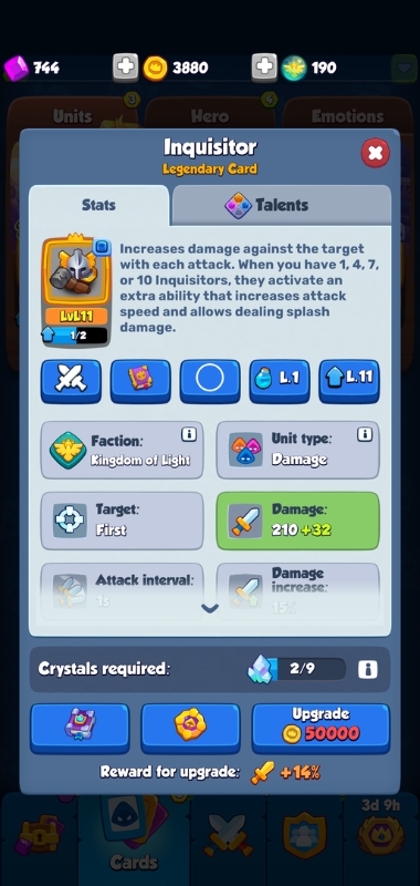 An image showing the Inquisitor card overview in Rush Royale