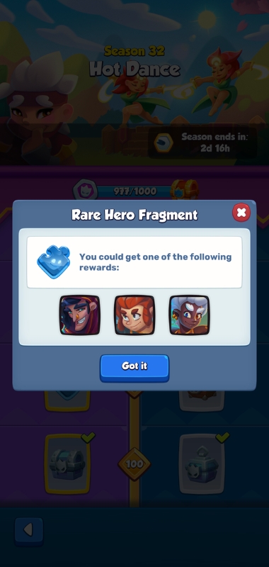 An image showing Rare Hero fragment rewards in Rush Royale