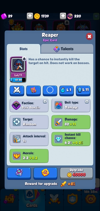 An image showing the card overview of the Reaper in Rush Royale