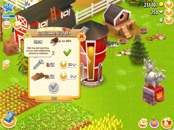 An image showing Screws being used to upgrade Silo storage on Hay Day