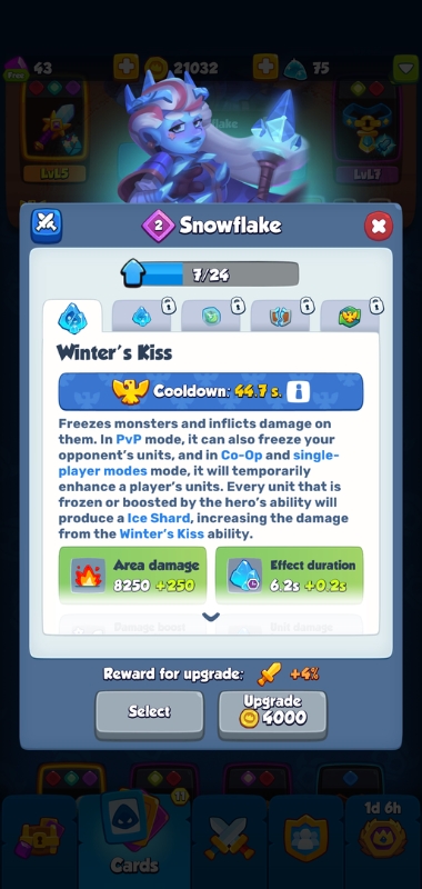 An image showing that increasing the level of your hero cards can improve your critical strike rating in Rush Royale