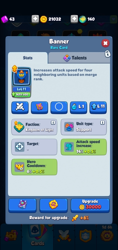 An image showing that increasing the level of your unit cards can improve your critical strike rating in Rush Royale