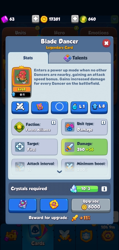 An image showing the card overview of the Blade Dancer in Rush Royale