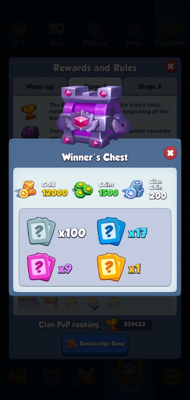 An image showing clan tournament rewards in Rush Royale