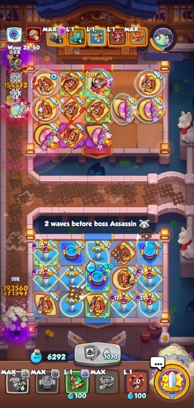 An image showing the Enchanted Sword DPS deck used in Co-Op in Rush Royale