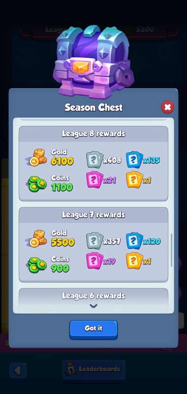 An image showing end of season rewards that contain legendary cards in Rush Royale