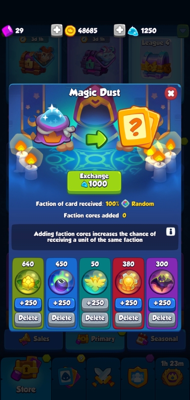 An image showing where to exchange magic dust for a legendary card in Rush Royale