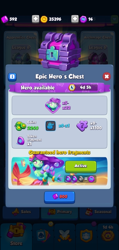 An image showing an Epic Hero Chest with an Epic Token active on Rush Royale