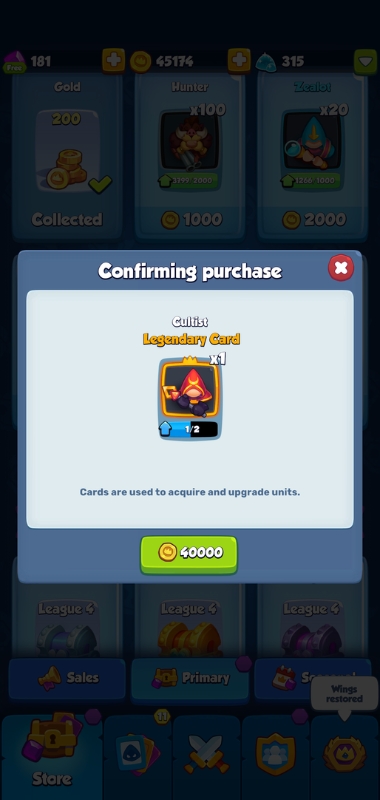 An image showing a legendary card being purchased in Rush Royale