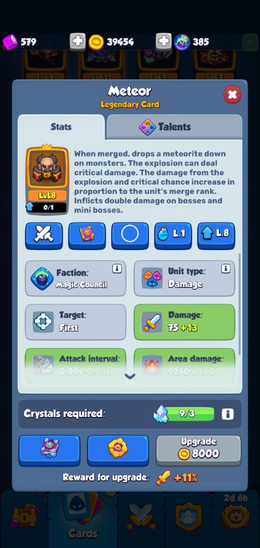 An image showing the card overview of the Meteor in Rush Royale