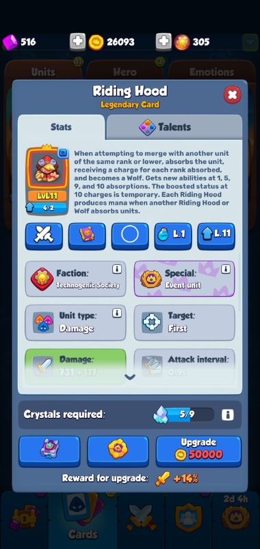 An image showing the card overview of the Riding Hood in Rush Royale