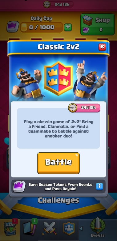 An image showing the classic 2v2 main screen in Clash Royale.